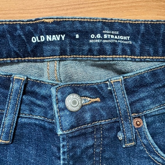 Old Navy Women's Distressed Dark Blue High Ride OG Straight Jeans - Picture 2 of 5